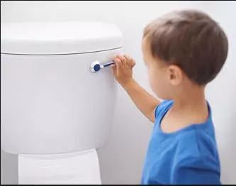 3 year old flushing a toilet